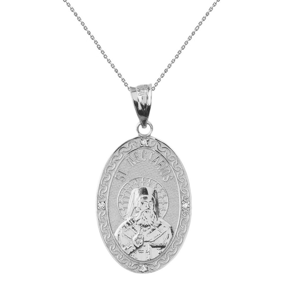 Sterling Silver Greek Orthodox Saint Nectarios of Aegina Engravable CZ Medallion Oval Pendant Necklace 1.00" (25 mm)