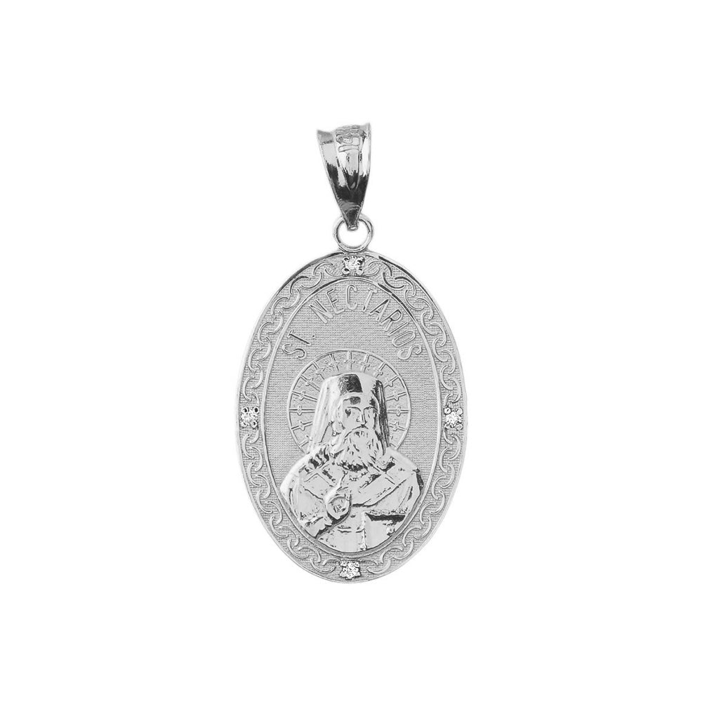 Sterling Silver Greek Orthodox Saint Nectarios of Aegina Engravable CZ Medallion Oval Pendant Necklace 1.00" (25 mm), view 3