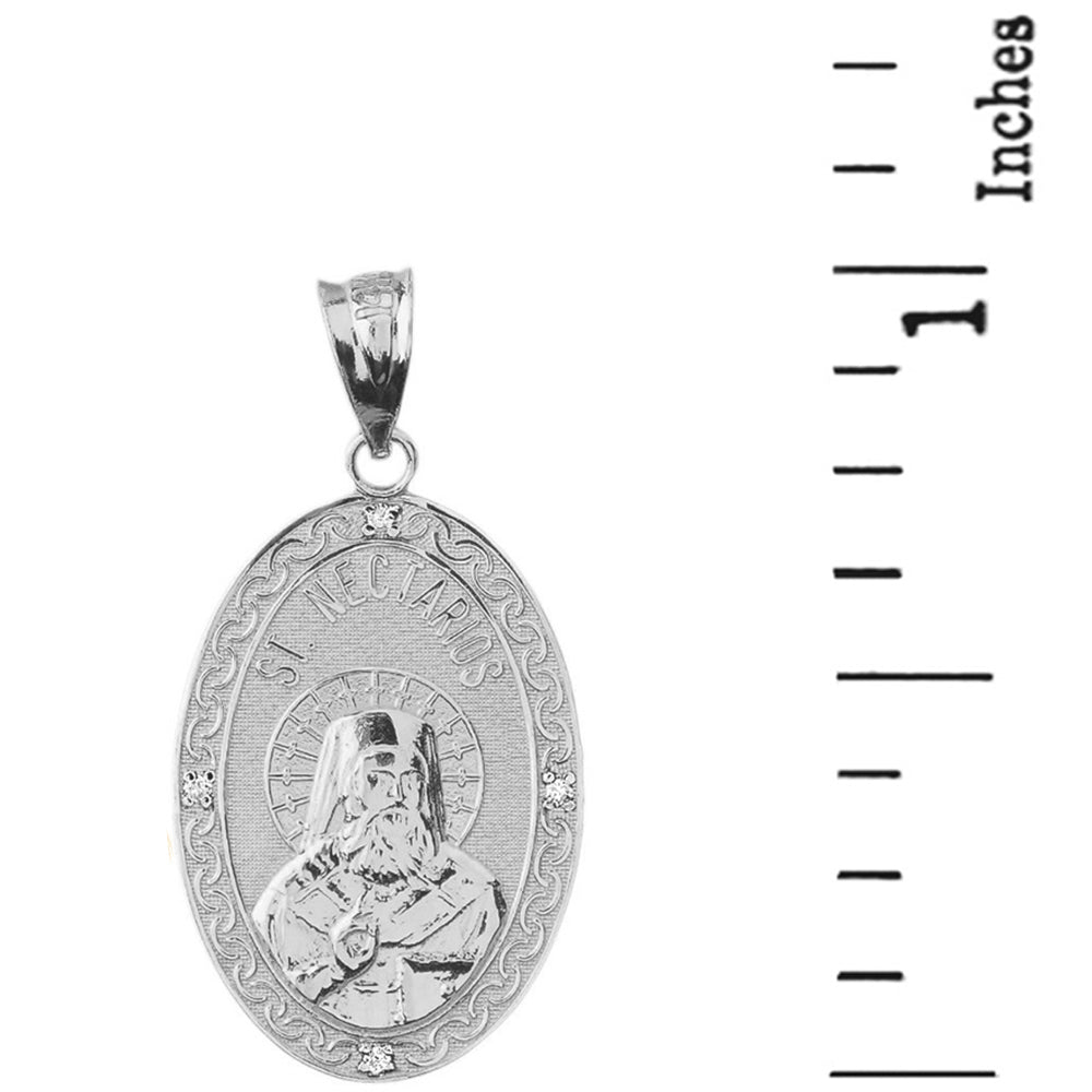 Sterling Silver Greek Orthodox Saint Nectarios of Aegina Engravable CZ Medallion Oval Pendant Necklace 1.00" (25 mm), view 5