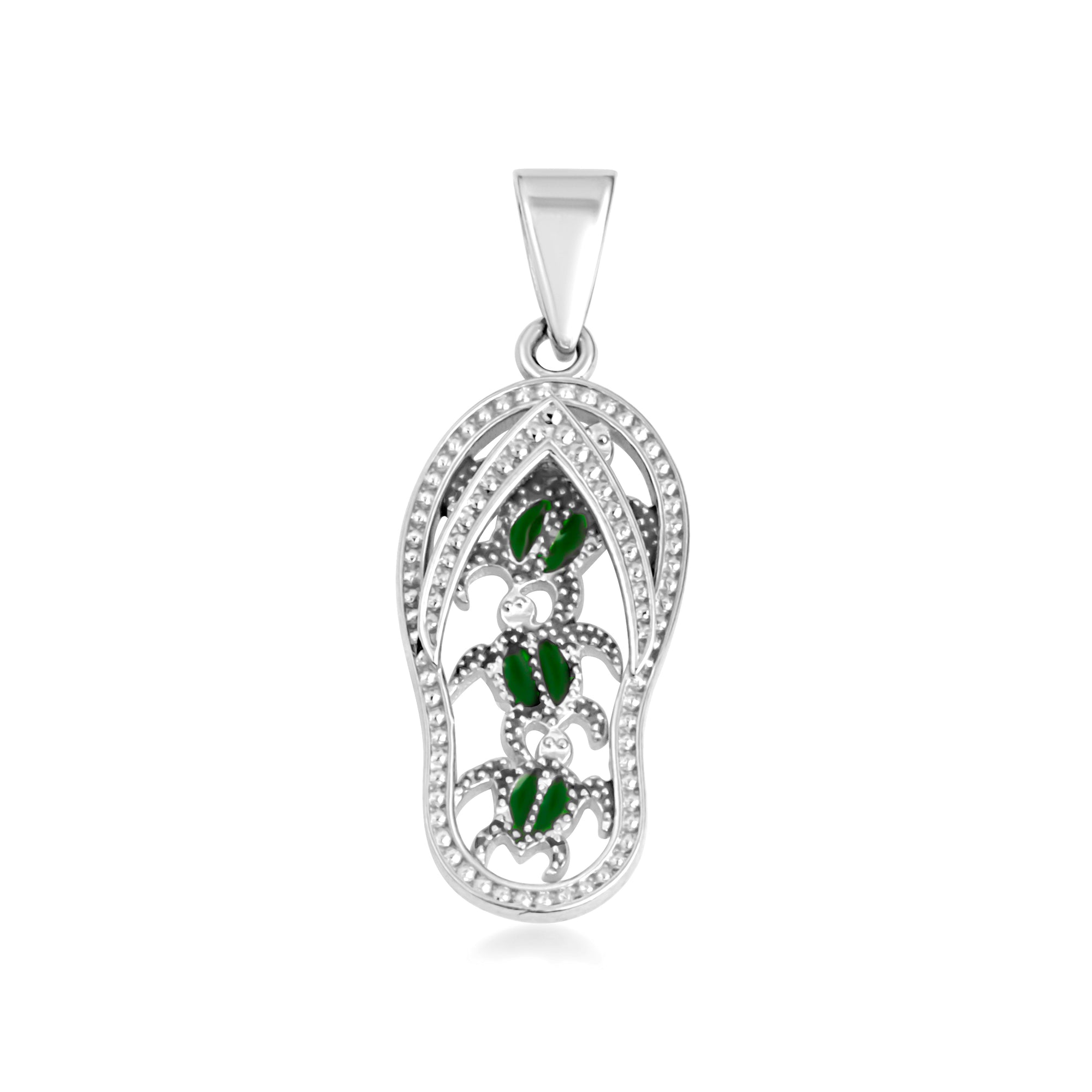Sterling Silver Green Enamel Sea Turtle Sandals Beach Flip-Flops Milgrain Pendant Necklace