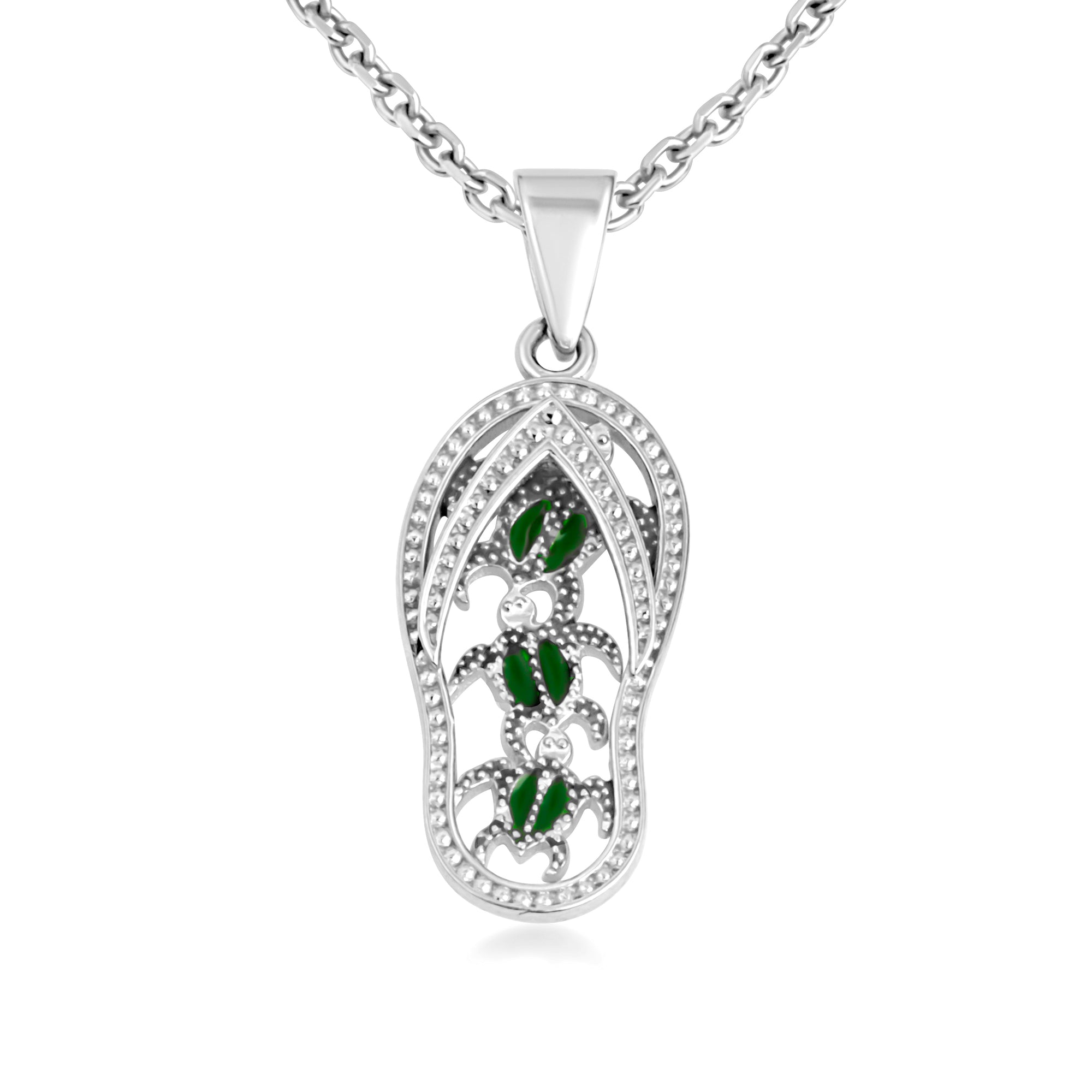 Sterling Silver Green Enamel Sea Turtle Sandals Beach Flip-Flops Milgrain Pendant Necklace, view 4