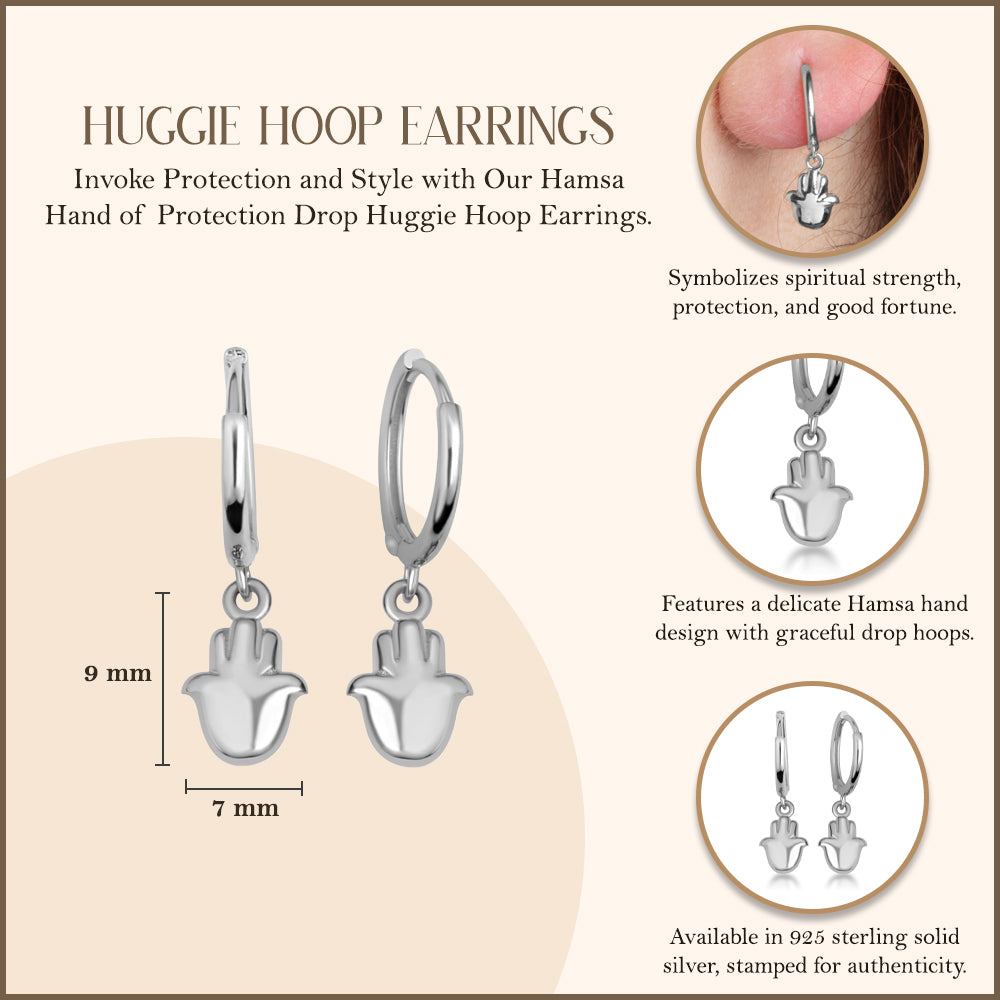 Sterling Silver Hamsa Hand Of Protection Drop Huggie Hoop Earrings, view 3