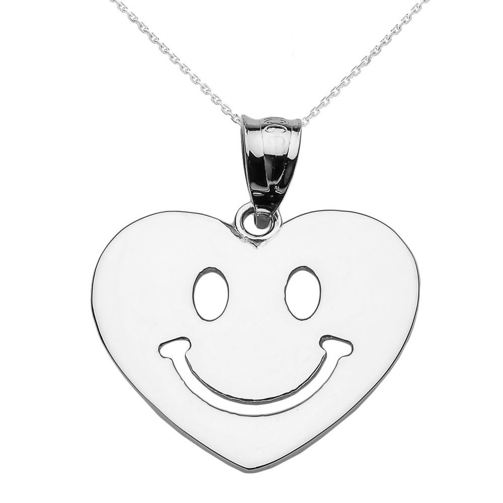 Sterling Silver Happy Smiley Face Heart Pendant Necklace