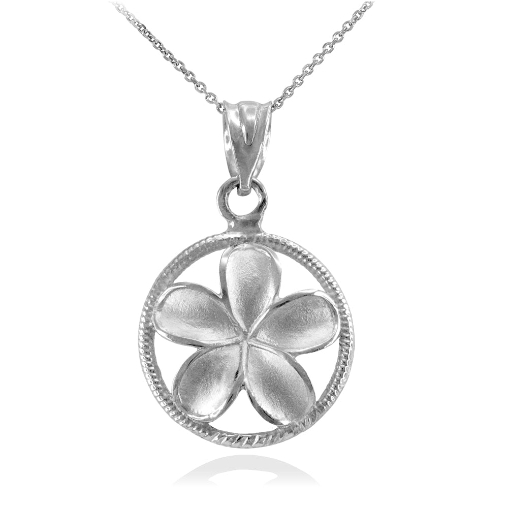 Sterling Silver Hawaiian Plumeria Flower Circle Rope Pendant Necklace