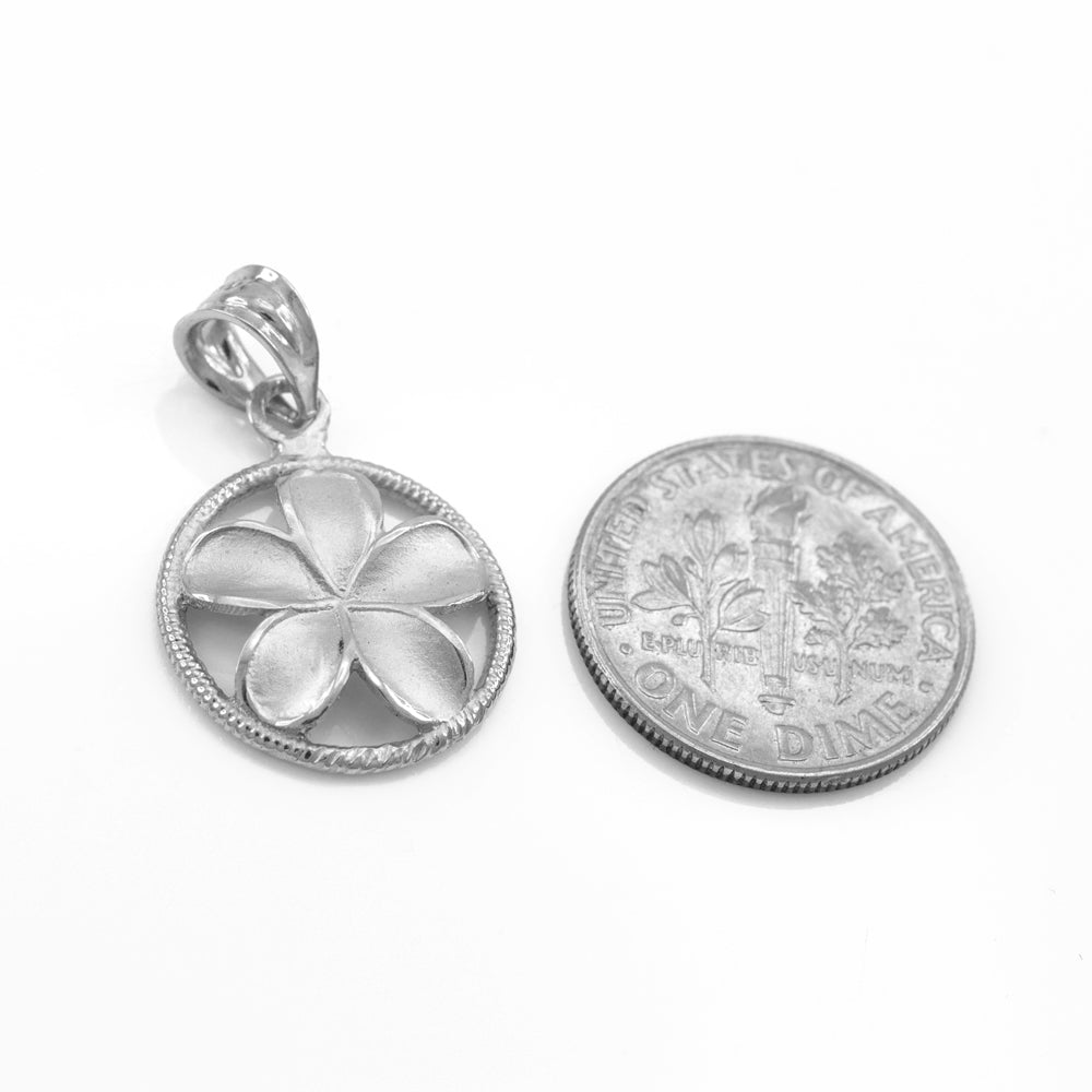 Sterling Silver Hawaiian Plumeria Flower Circle Rope Pendant Necklace, view 2