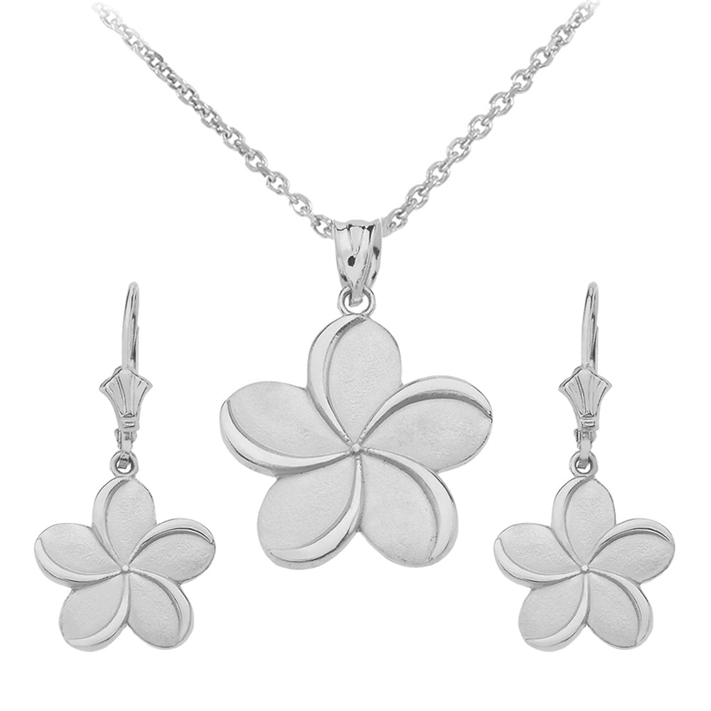Sterling Silver Hawaiian Plumeria Flower Leverback Earrings & Pendant Necklace Set