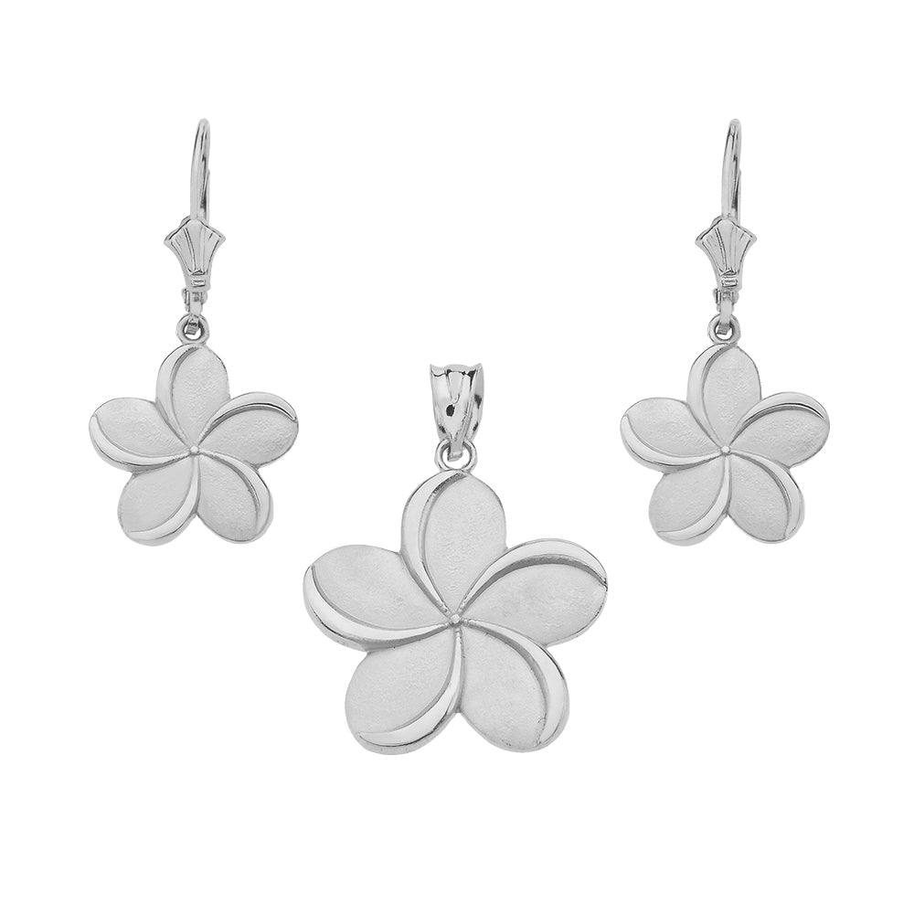 Sterling Silver Hawaiian Plumeria Flower Leverback Earrings & Pendant Necklace Set, view 2