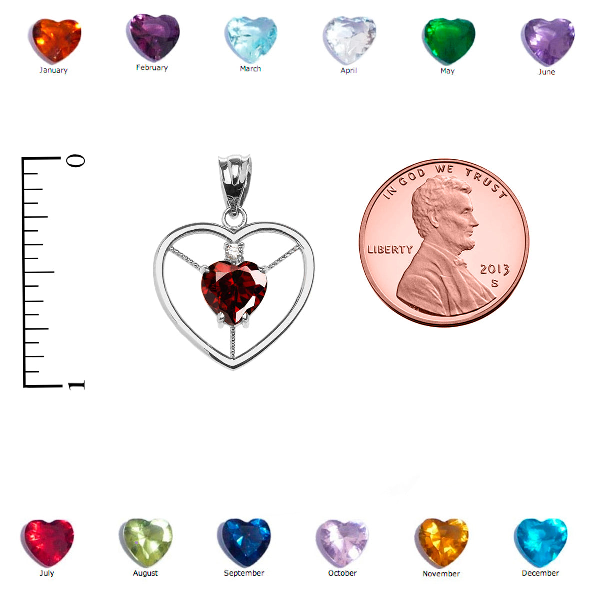 Sterling Silver Heart Cubic Zirconia Birthstone Pendant Necklace, view 3