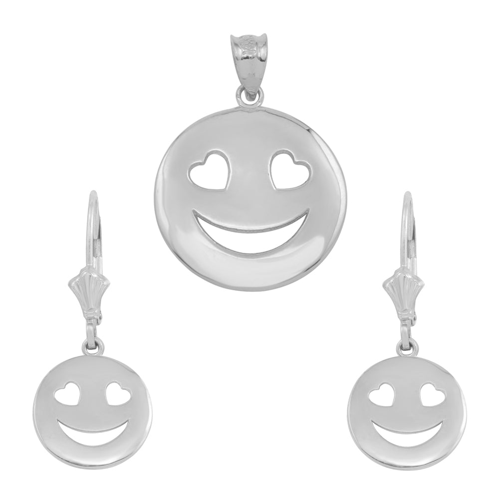 Sterling Silver Heart Eyes Smiley Face Pendant Necklace Earring Set, view 2