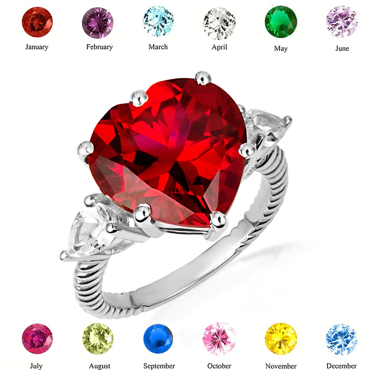 Sterling Silver Heart Gemstone Rope Band Ring