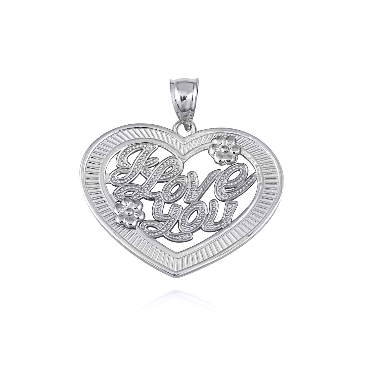 Sterling Silver Heart "I Love You" Flower Textured Pendant Necklace