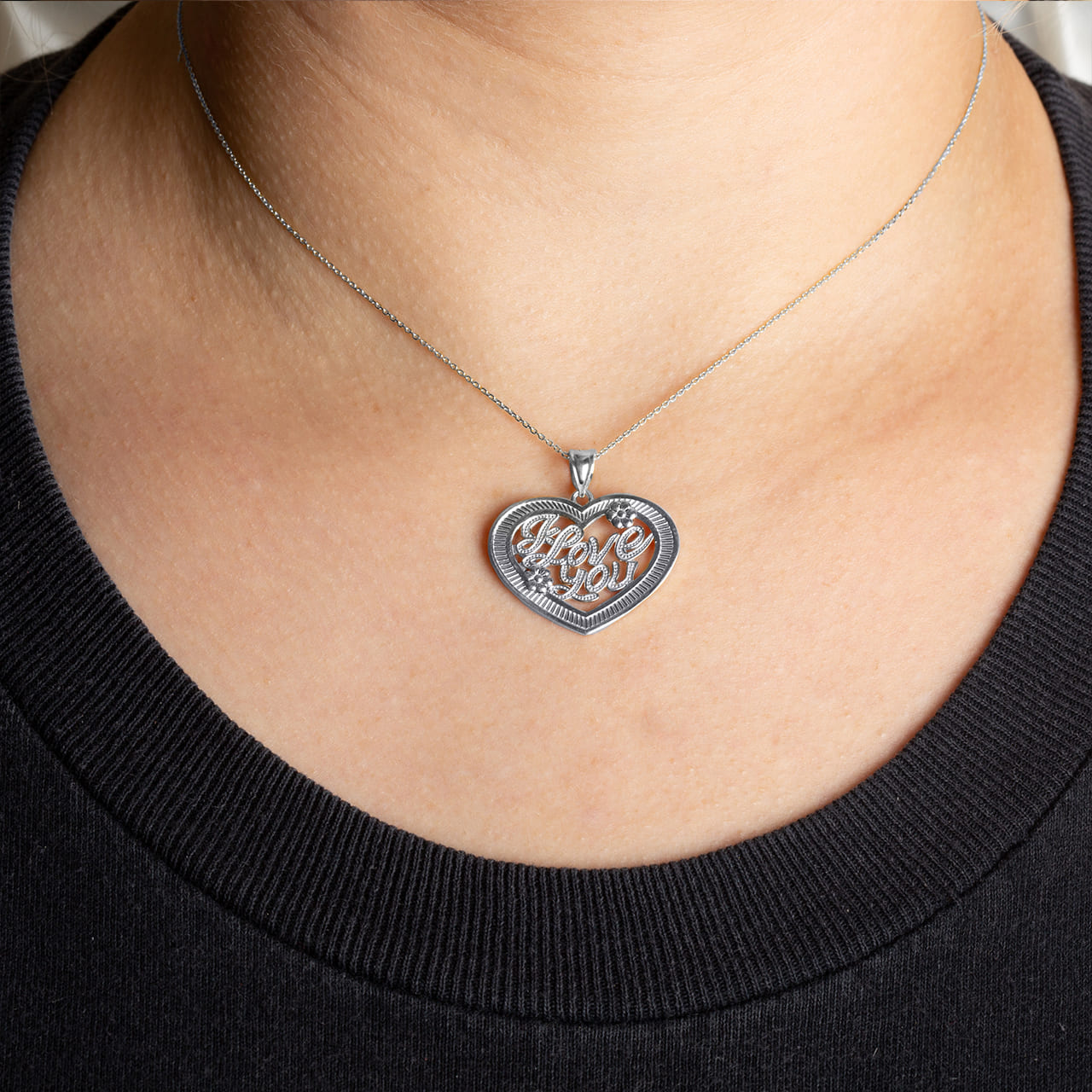 Sterling Silver Heart "I Love You" Flower Textured Pendant Necklace, view 2
