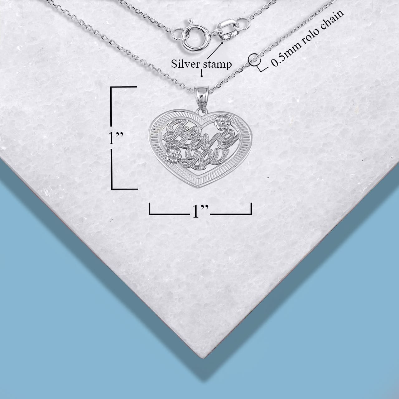 Sterling Silver Heart "I Love You" Flower Textured Pendant Necklace, view 3