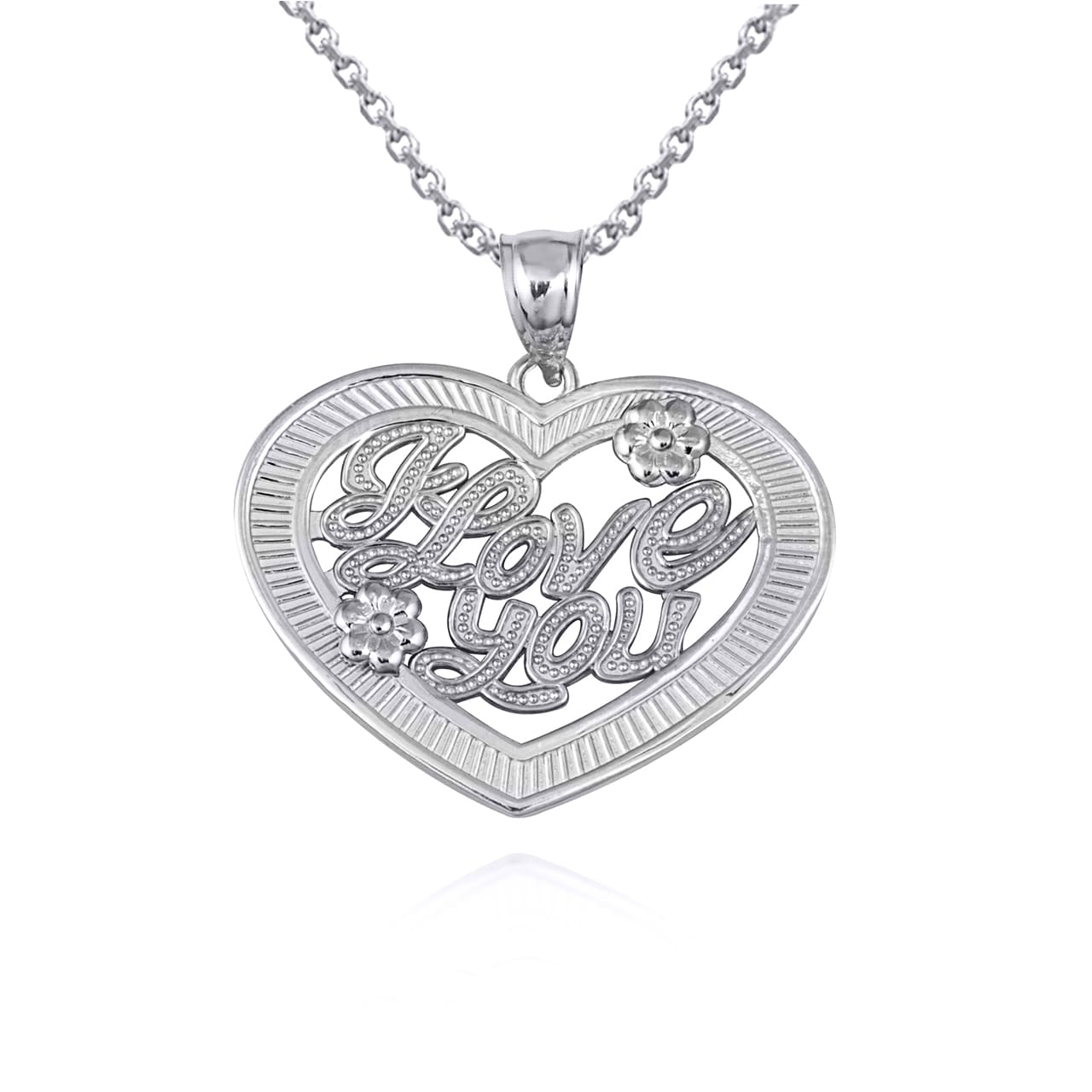 Sterling Silver Heart "I Love You" Flower Textured Pendant Necklace, view 4