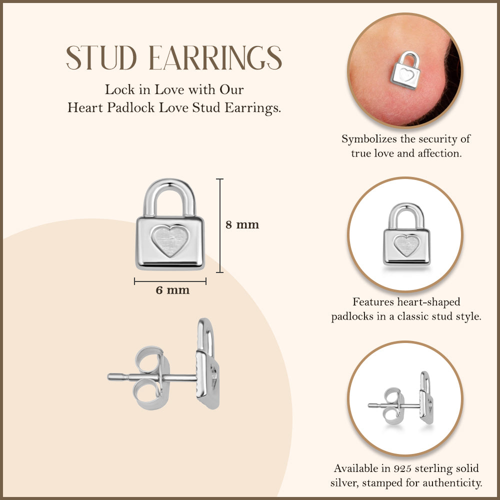 Sterling Silver Heart Padlock Love Stud Earrings, view 3