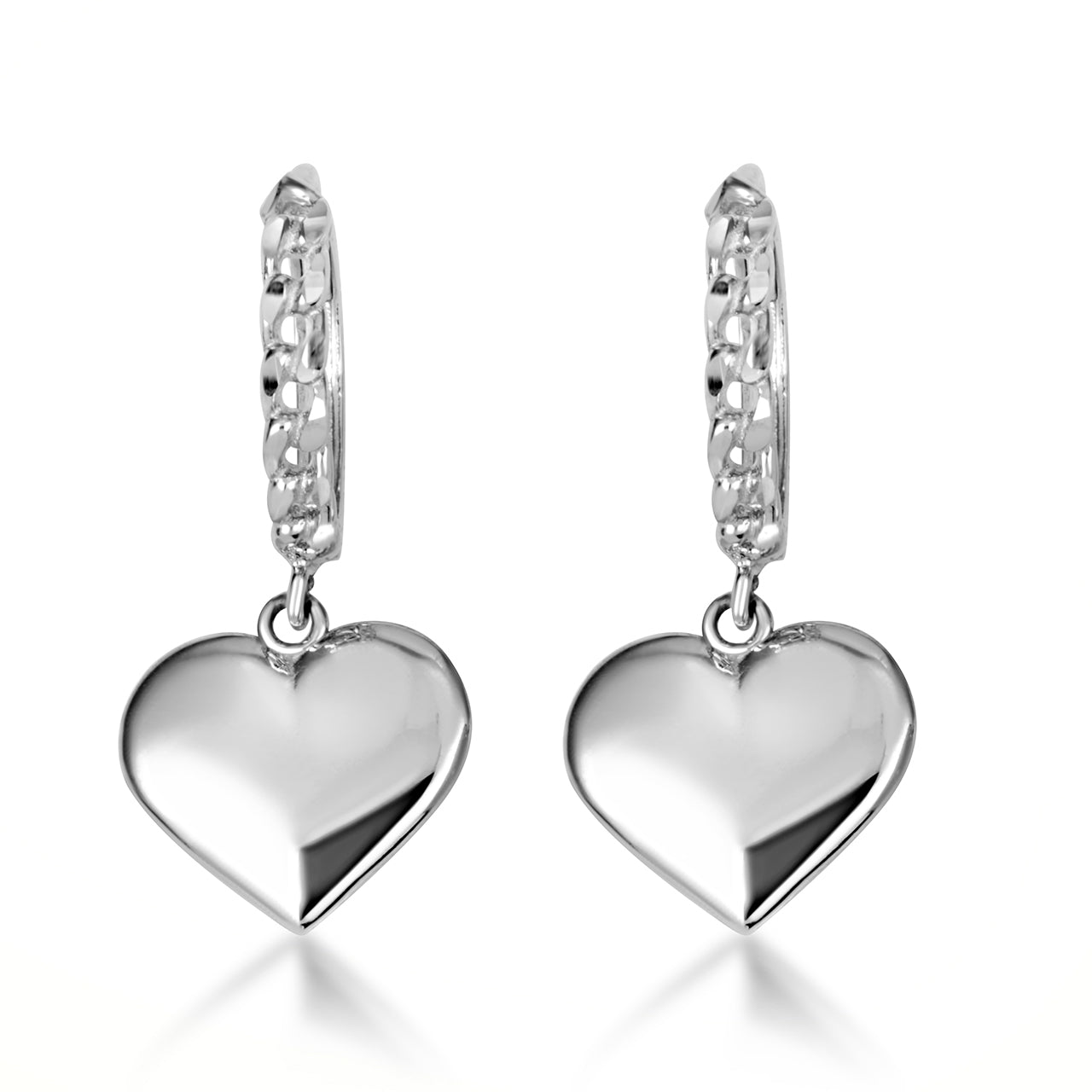 Sterling Silver Heart Shape Love Cuban Link Huggie Hoop Earrings