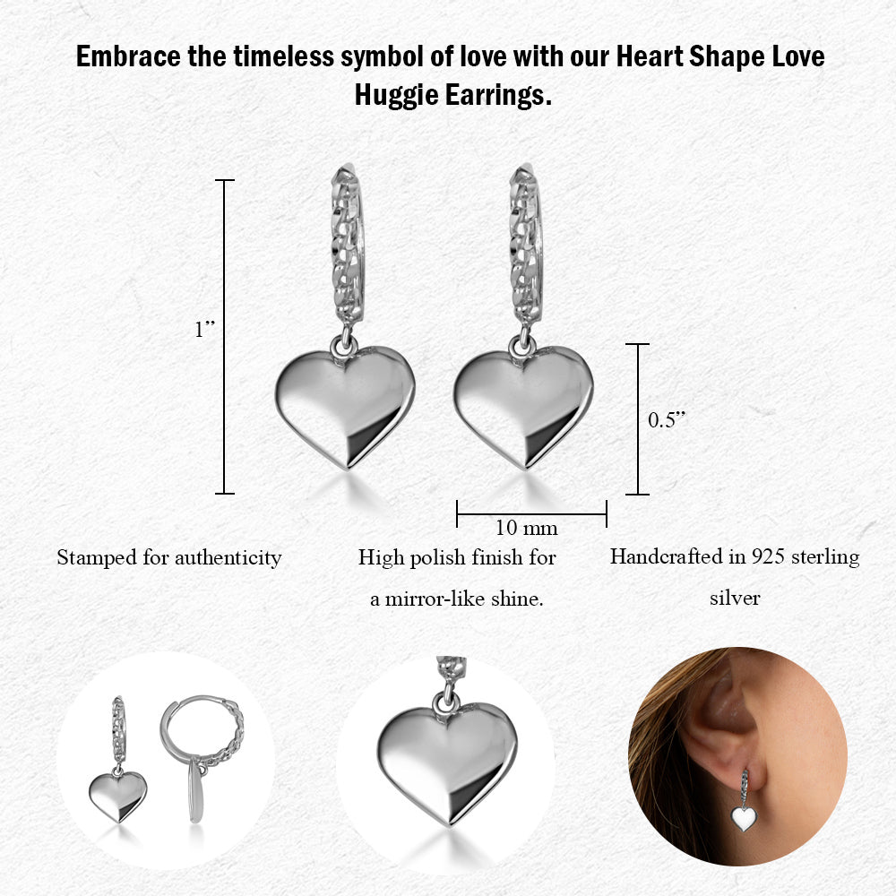Sterling Silver Heart Shape Love Cuban Link Huggie Hoop Earrings, view 4