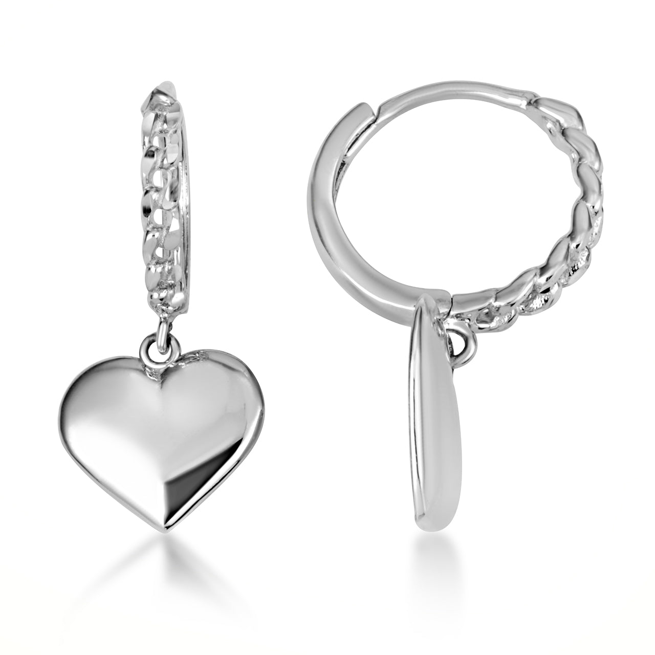 Sterling Silver Heart Shape Love Cuban Link Huggie Hoop Earrings, view 5