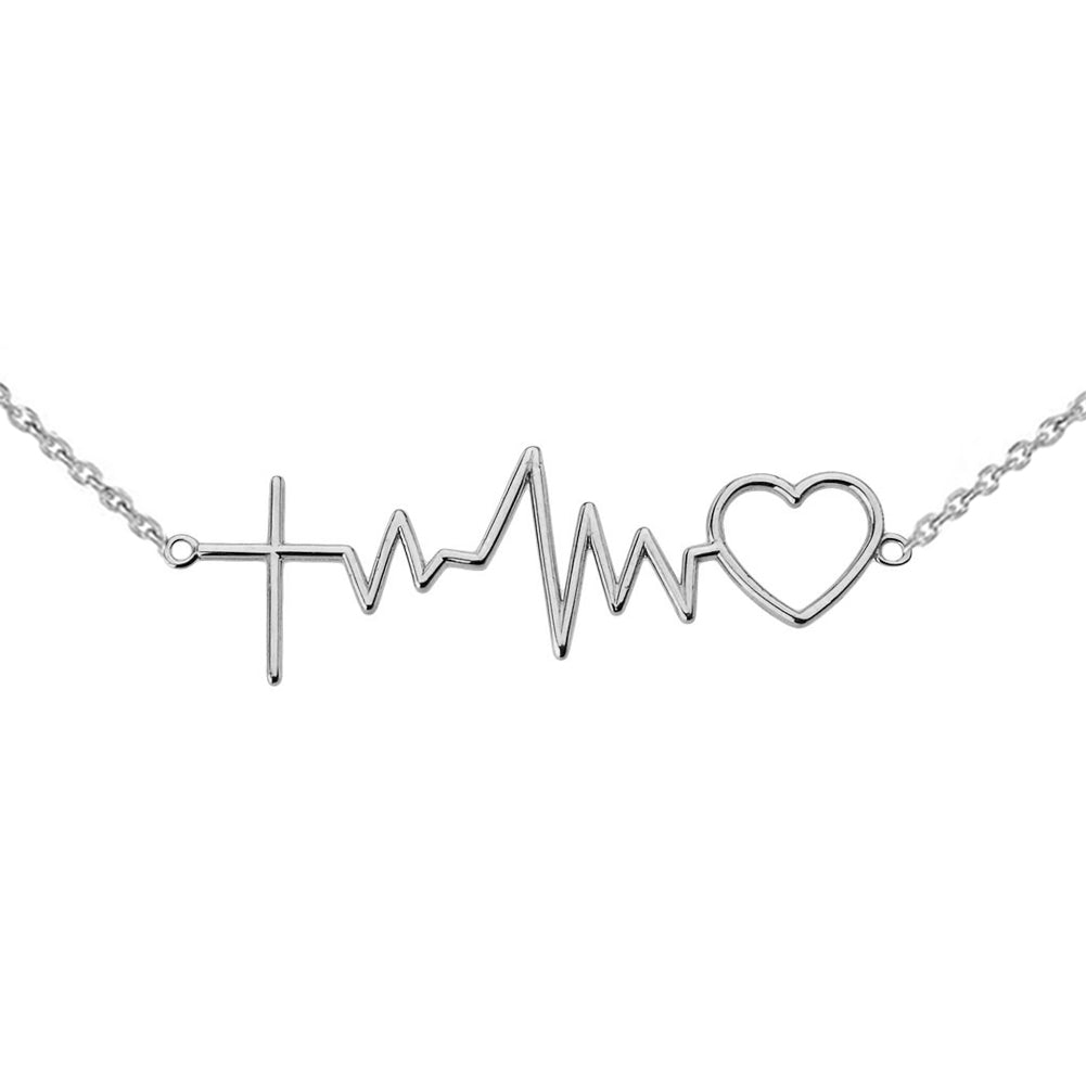Sterling Silver Heartbeat Pulse Cross Pendant Necklace