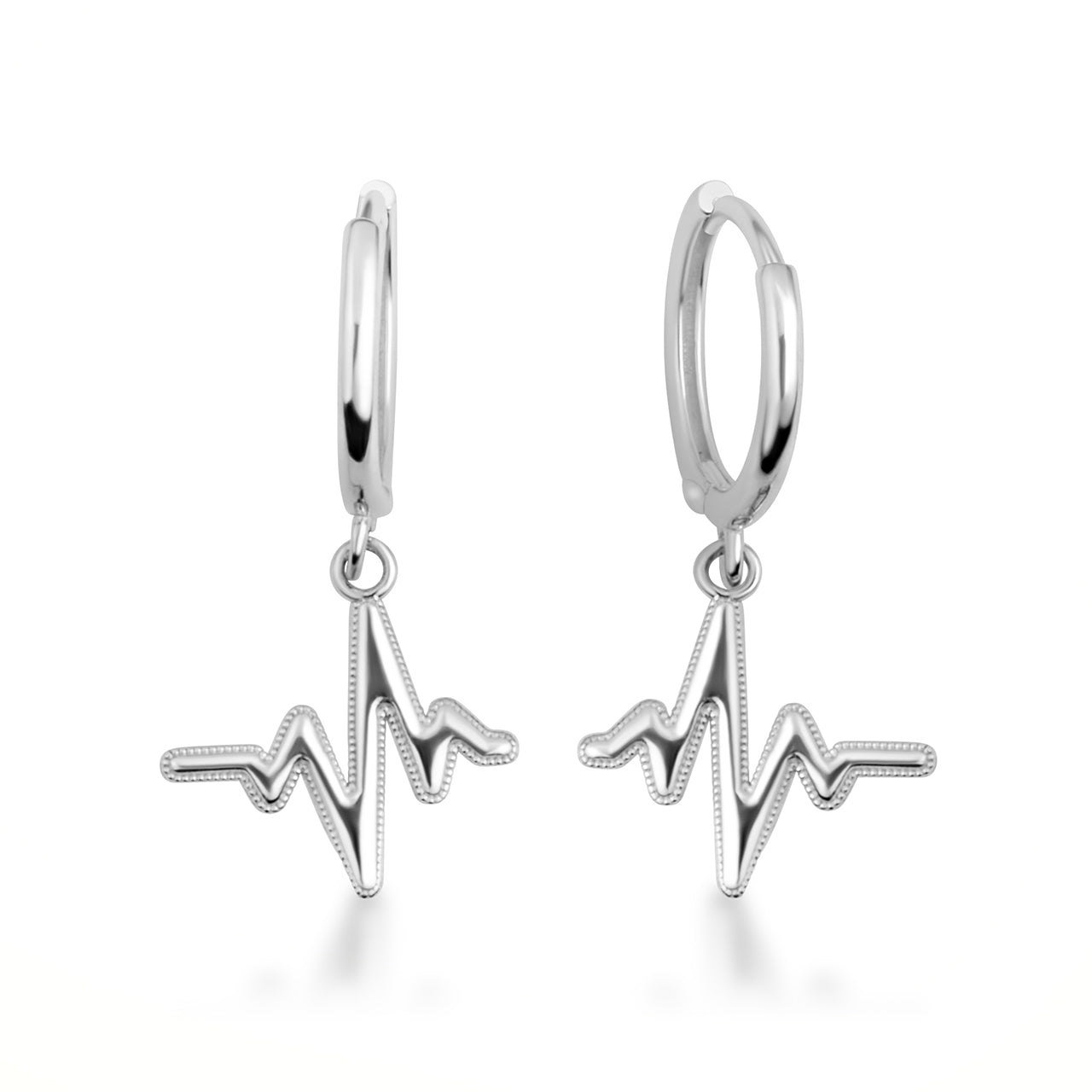 Sterling Silver Heartbeat Pulse Milgrain Drop Huggie Hoop Earrings