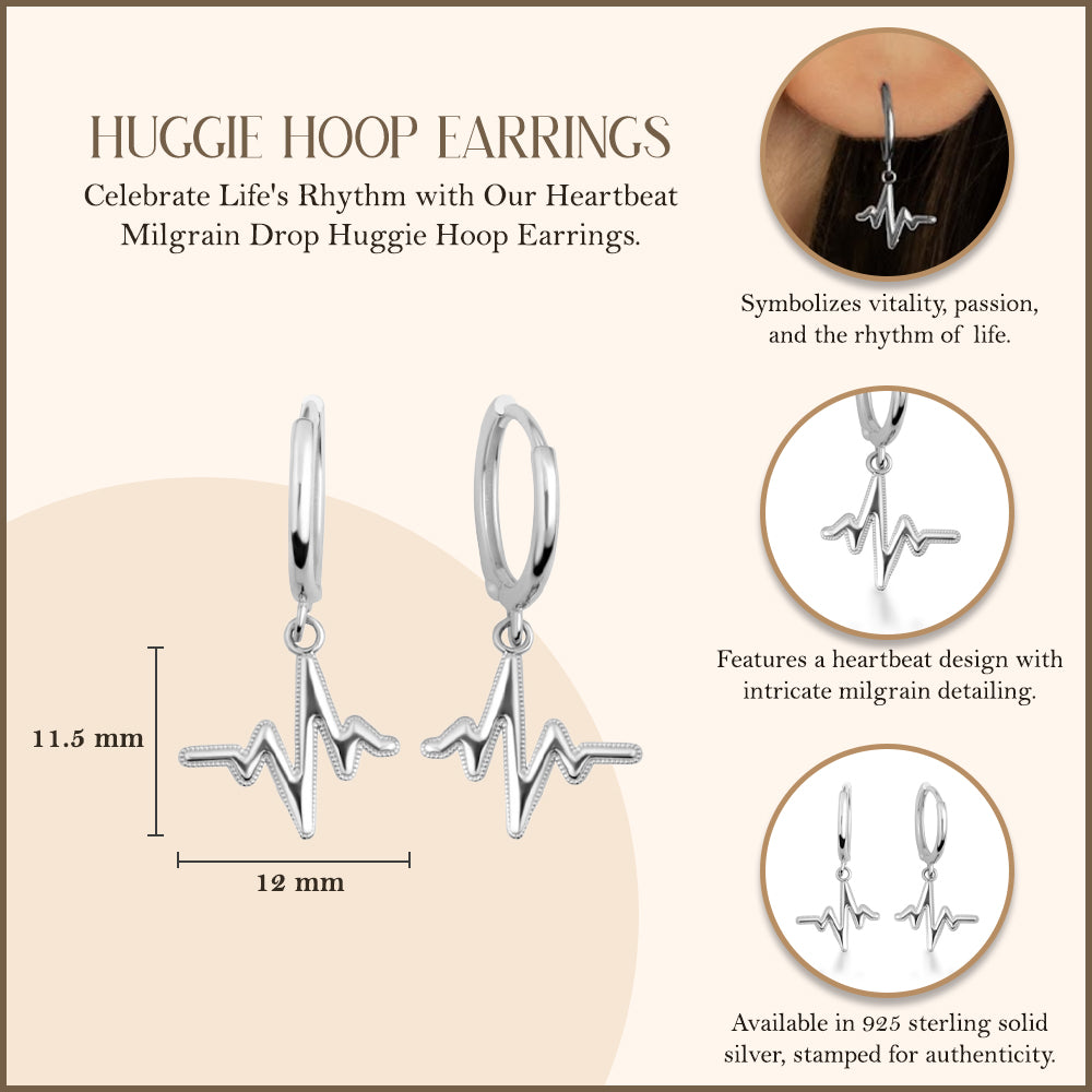 Sterling Silver Heartbeat Pulse Milgrain Drop Huggie Hoop Earrings, view 3
