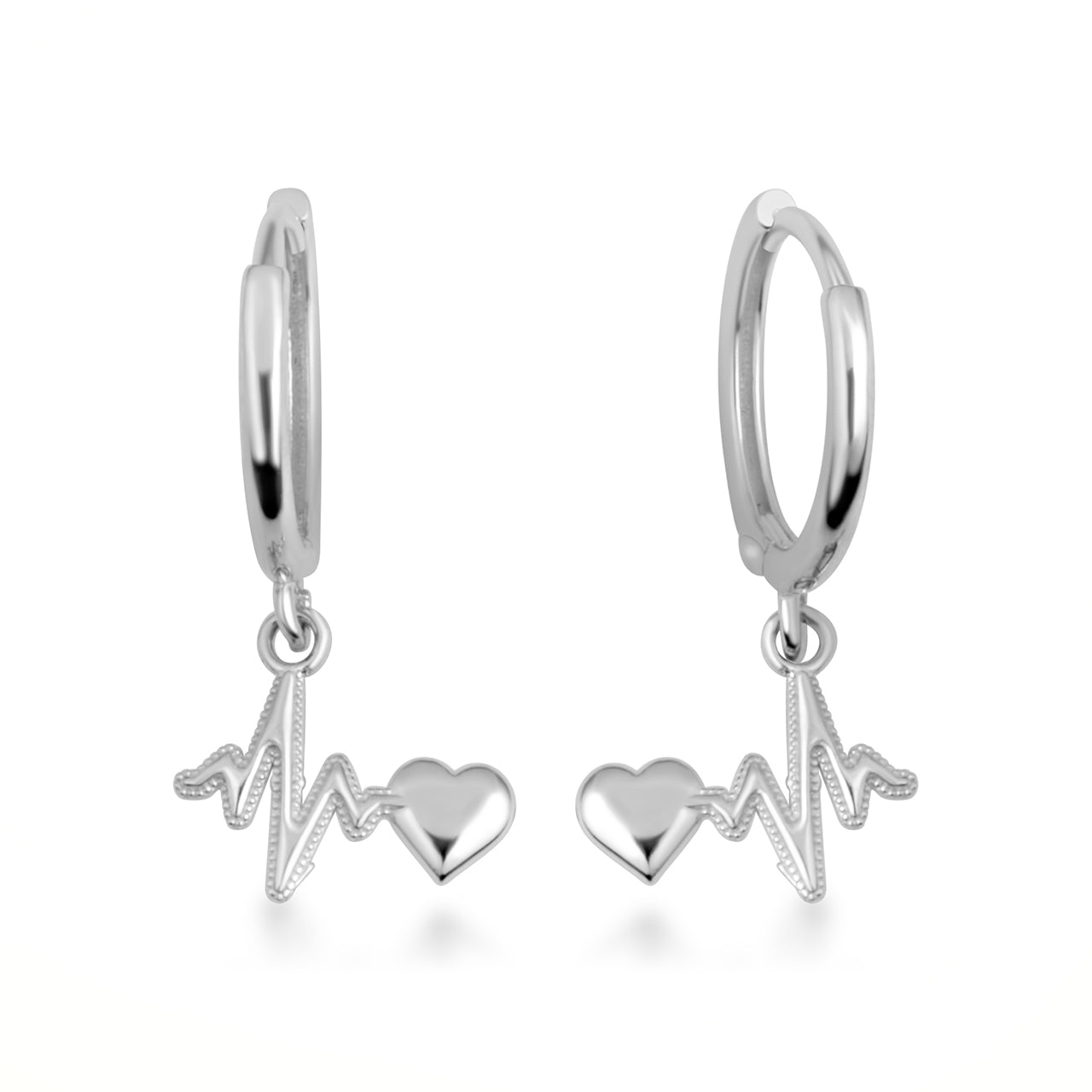 Sterling Silver Heartbeat Pulse Milgrain Huggie Hoop Earrings