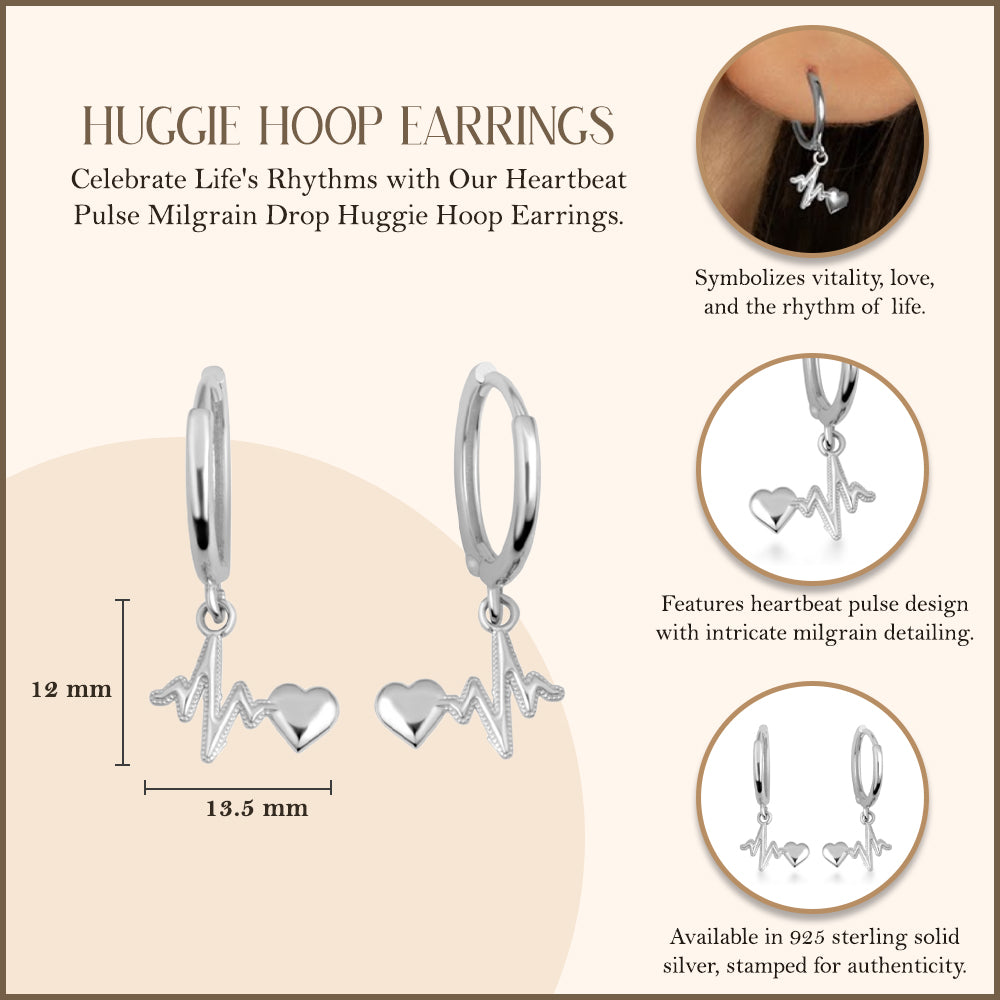 Sterling Silver Heartbeat Pulse Milgrain Huggie Hoop Earrings, view 3