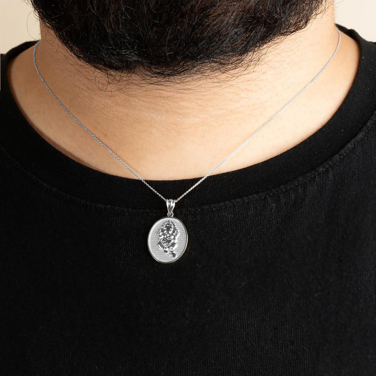 Sterling Silver Hindu Elephant God Ganesha Beaded Medallion Pendant Necklace, view 2
