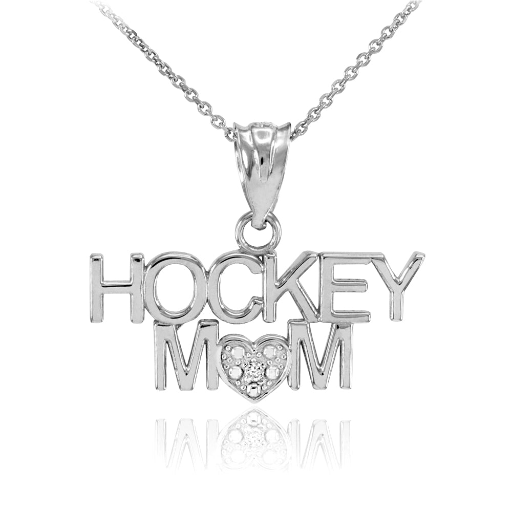 Sterling Silver HOCKEY MOM Heart CZ Pendant Necklace