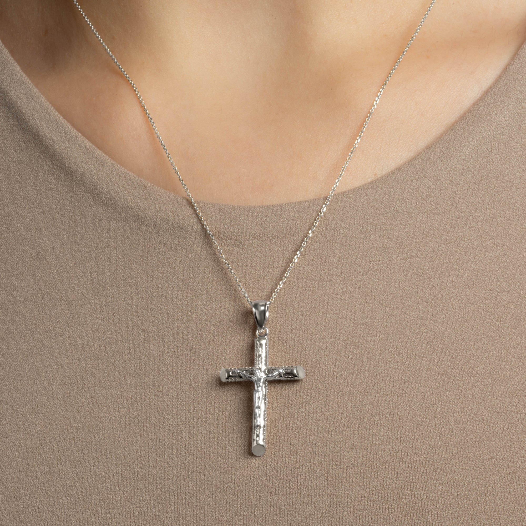 Sterling Silver Hollow Open Cut Design Cross Crucifix Pendant Necklace, view 2
