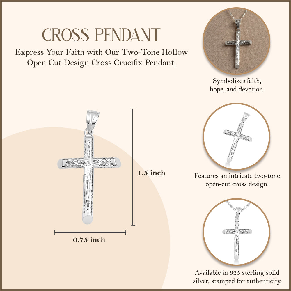 Sterling Silver Hollow Open Cut Design Cross Crucifix Pendant Necklace, view 3