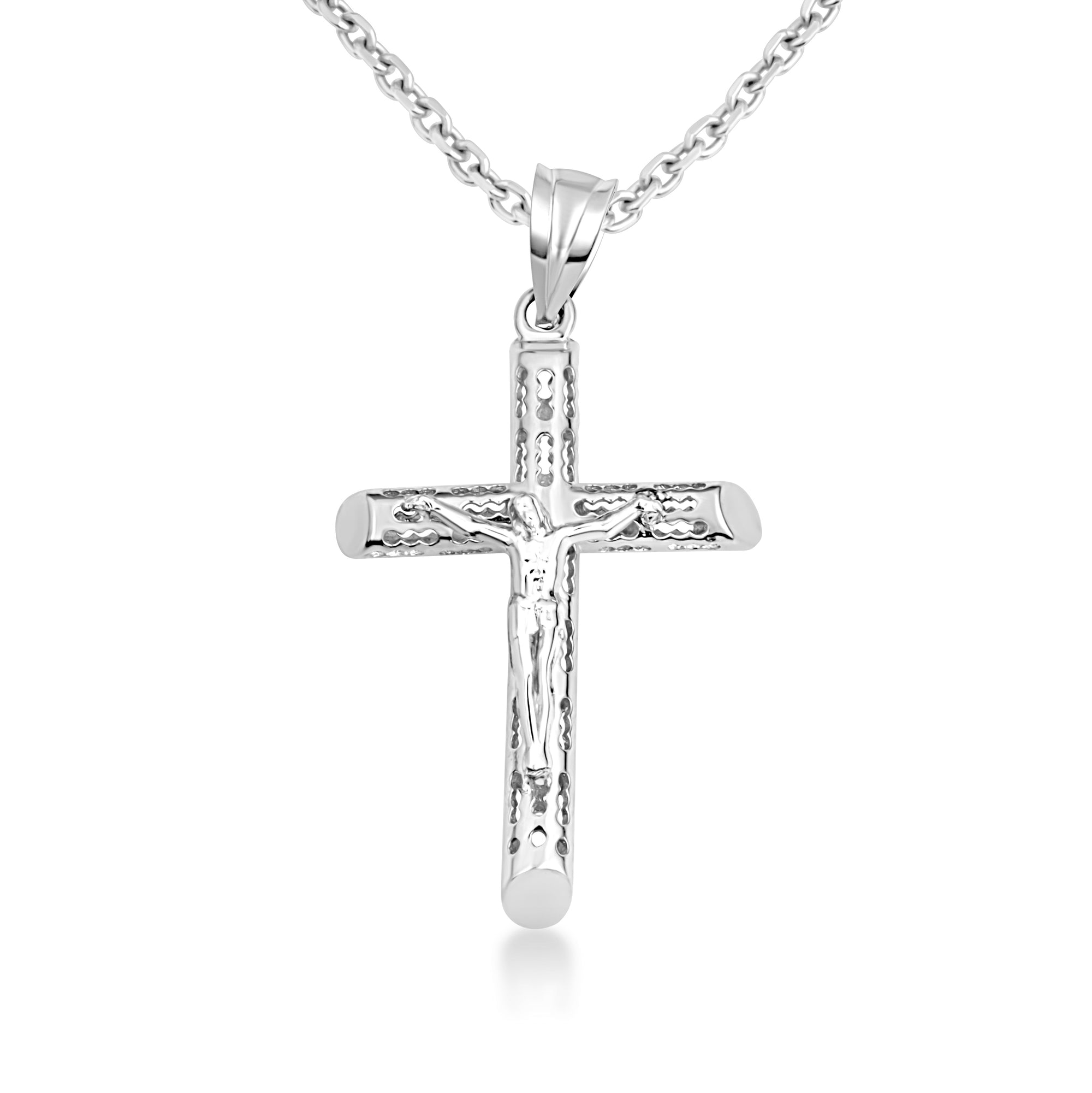 Sterling Silver Hollow Open Cut Design Cross Crucifix Pendant Necklace, view 4