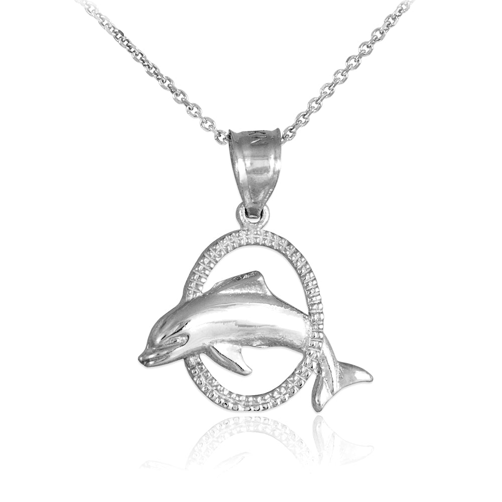 Sterling Silver Hoop Jumping Dolphin Charm Pendant Necklace