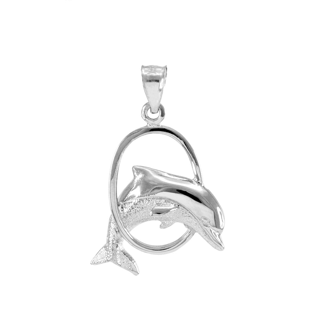 Sterling Silver Hoop Jumping Dolphin Pendant Necklace, view 2
