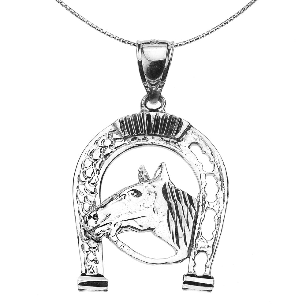 Sterling Silver Horseshoe with Horse Head Pendant Necklace