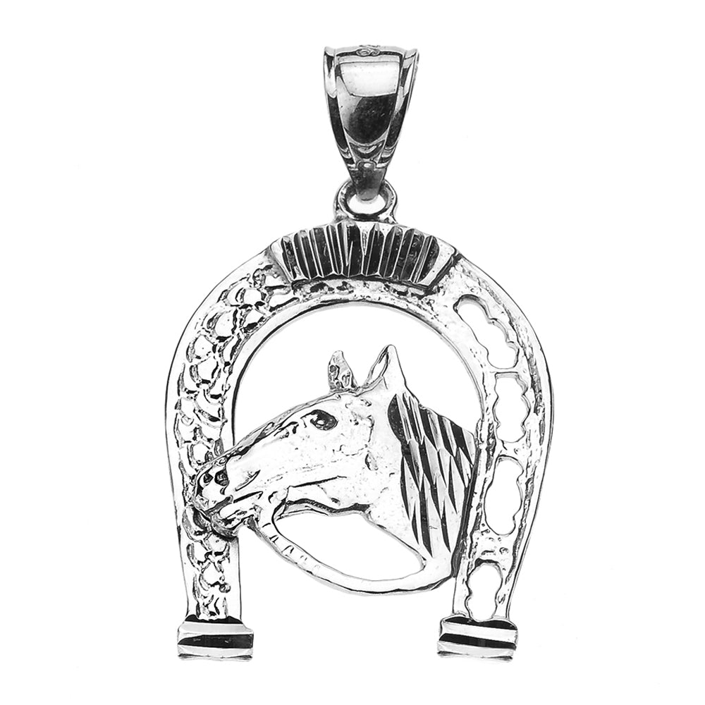 Sterling Silver Horseshoe with Horse Head Pendant Necklace, view 2