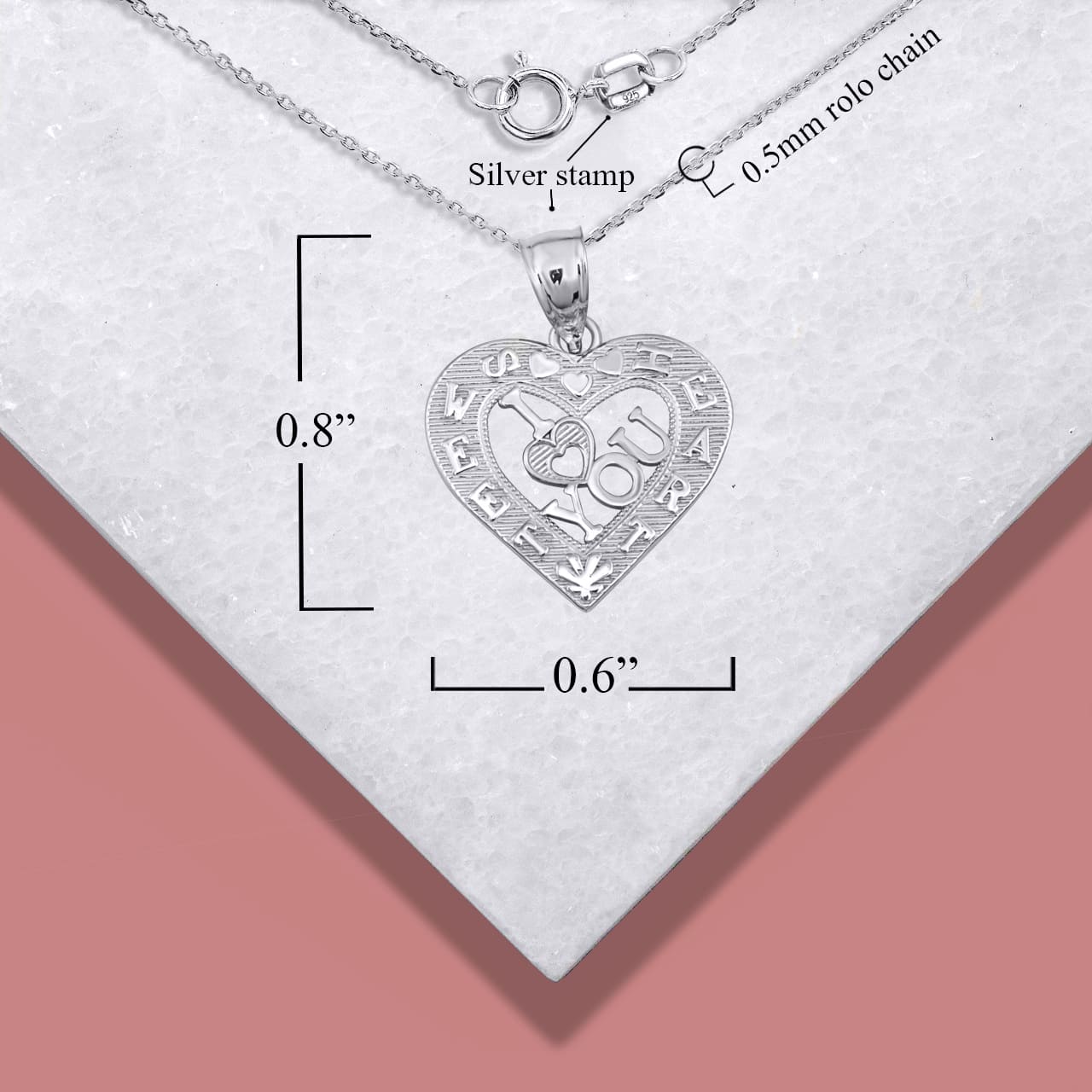 Sterling Silver I Love You Sweet Heart Pendant Necklace, view 4