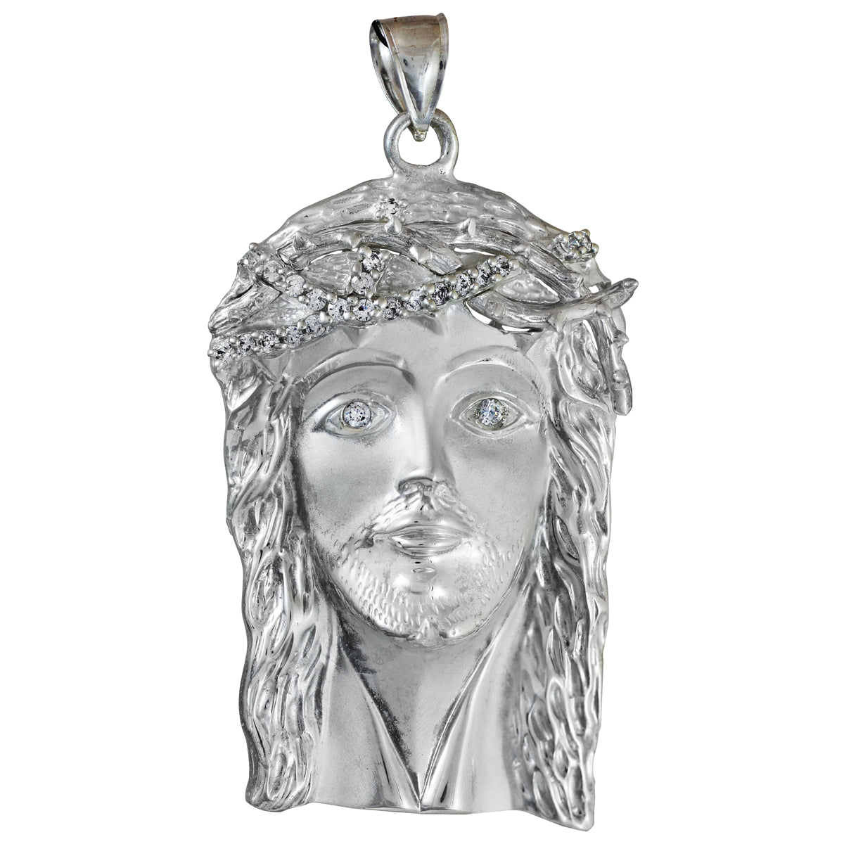 Sterling Silver Iced-out Jesus Face CZ Pendant (L)