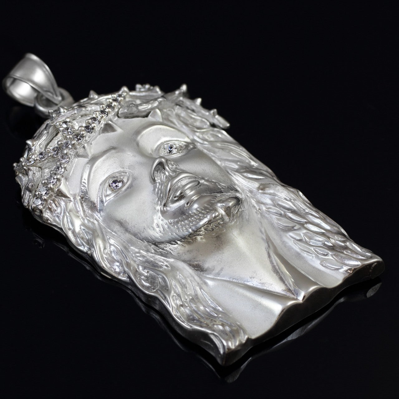 Sterling Silver Iced-out Jesus Face CZ Pendant (L), view 2