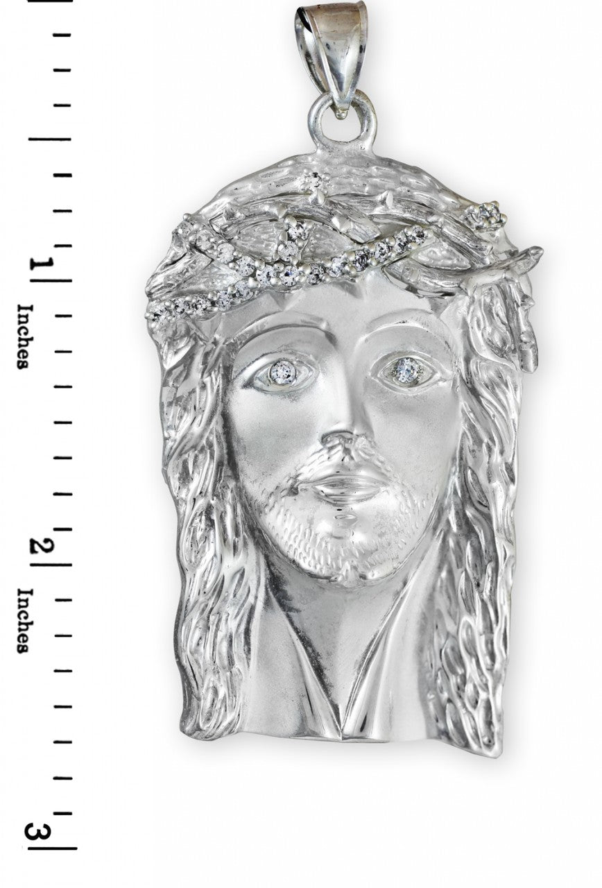 Sterling Silver Iced-out Jesus Face CZ Pendant (L), view 3