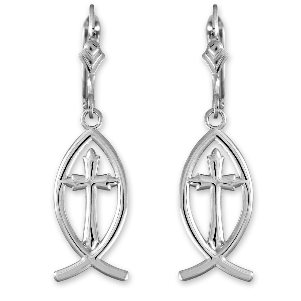 Sterling Silver Ichthus Cross Earrings