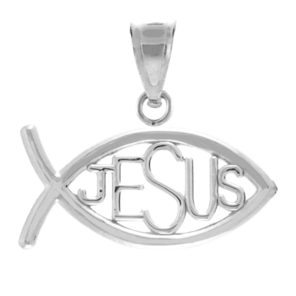 Sterling Silver Ichthus JESUS Inscribed Horizontal Pendant Necklace