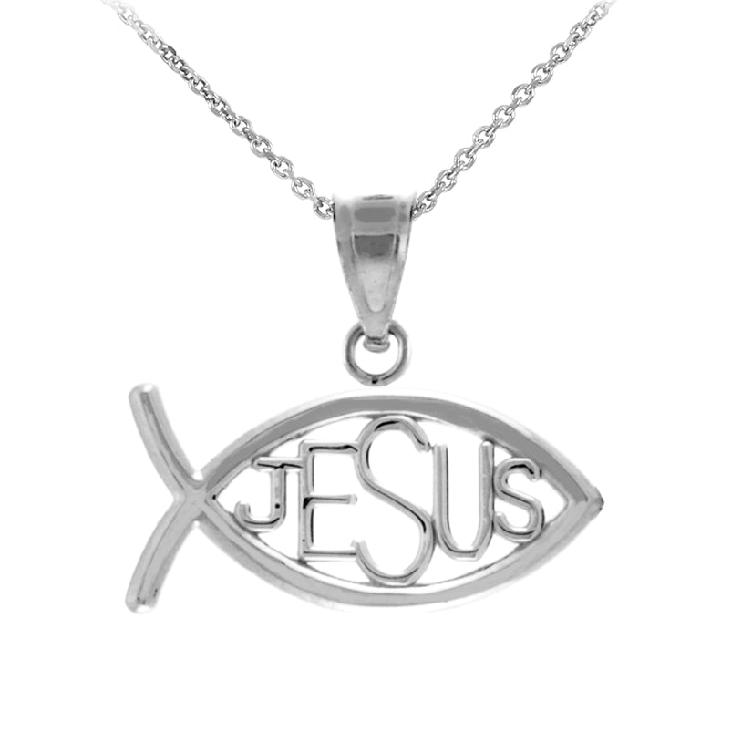 Sterling Silver Ichthus JESUS Inscribed Horizontal Pendant Necklace, view 2