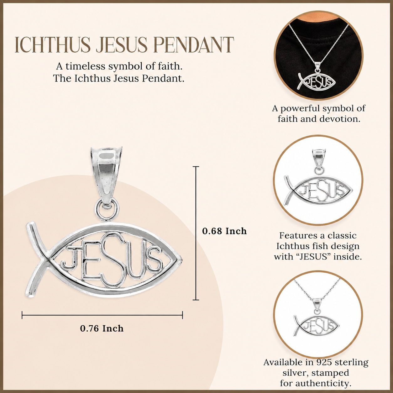 Sterling Silver Ichthus JESUS Inscribed Horizontal Pendant Necklace, view 3
