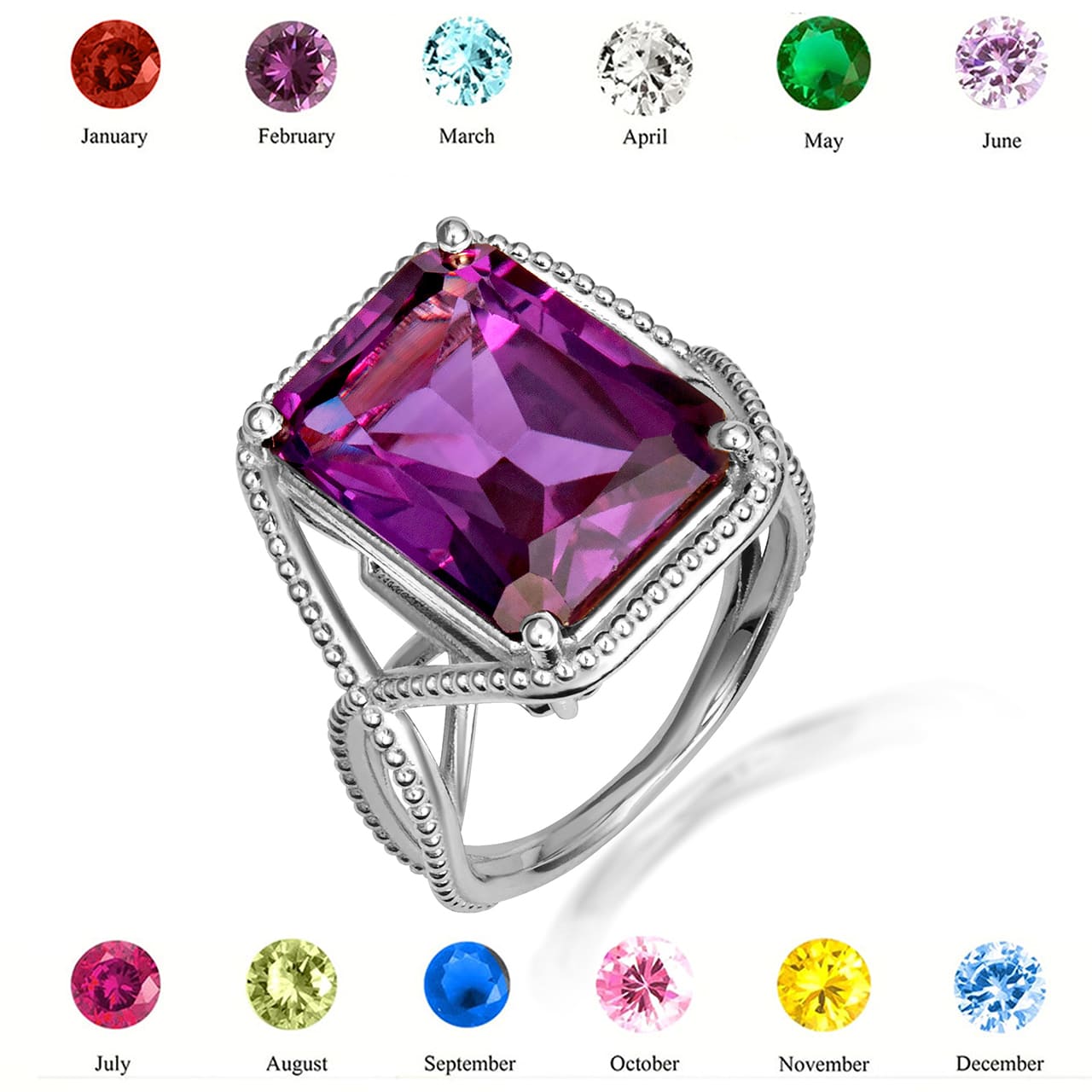Sterling Silver Infinity Emerald Cut Birthstone Beaded Ring