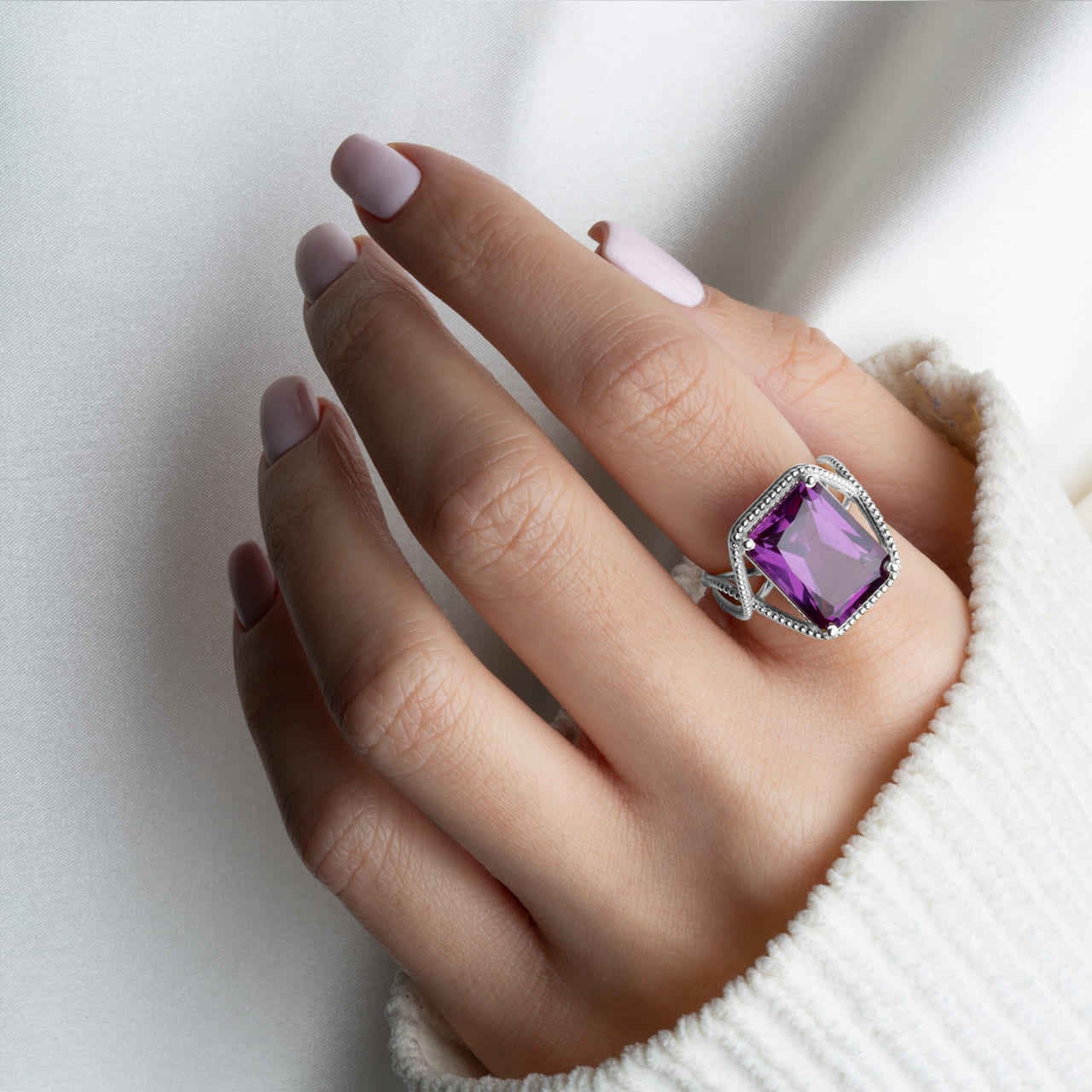 Sterling Silver Infinity Emerald Cut Birthstone Beaded Ring, view 2
