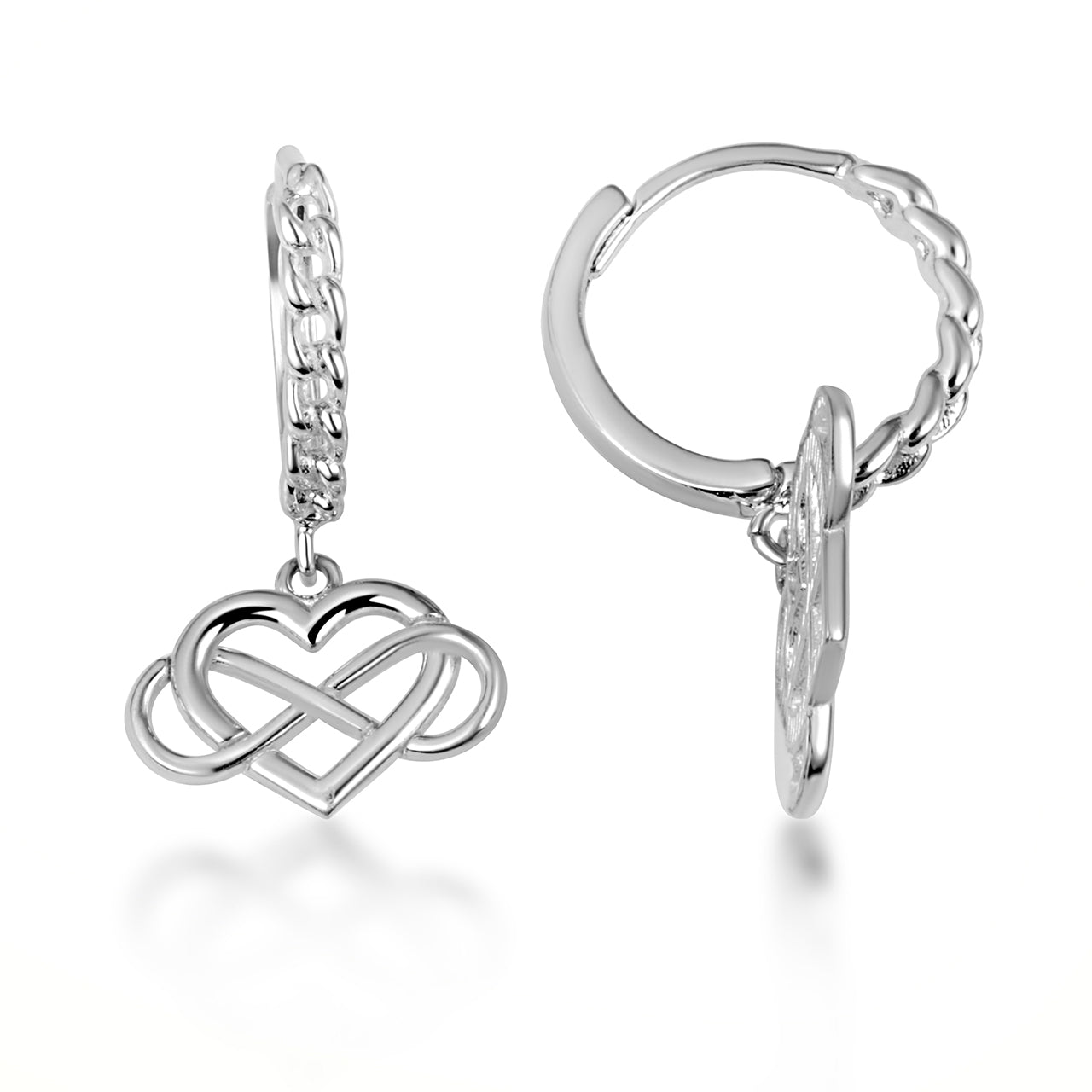 Sterling Silver Infinity Heart Cuban Link Huggie Hoop Earrings, view 4