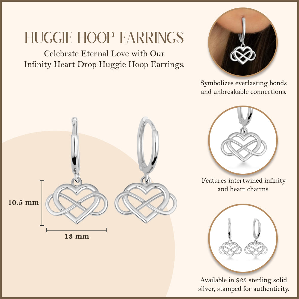 Sterling Silver Infinity Heart Drop Huggie Hoop Earrings, view 3