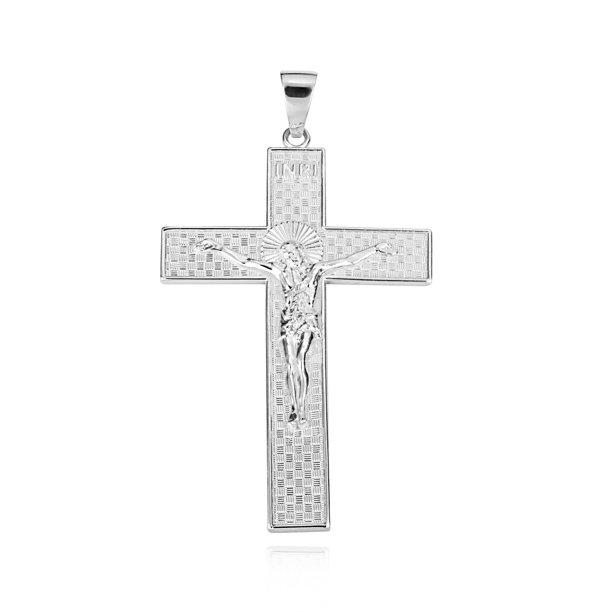 Sterling Silver INRI Checkered Cross Crucifix Jesus Christ Pendant Necklace