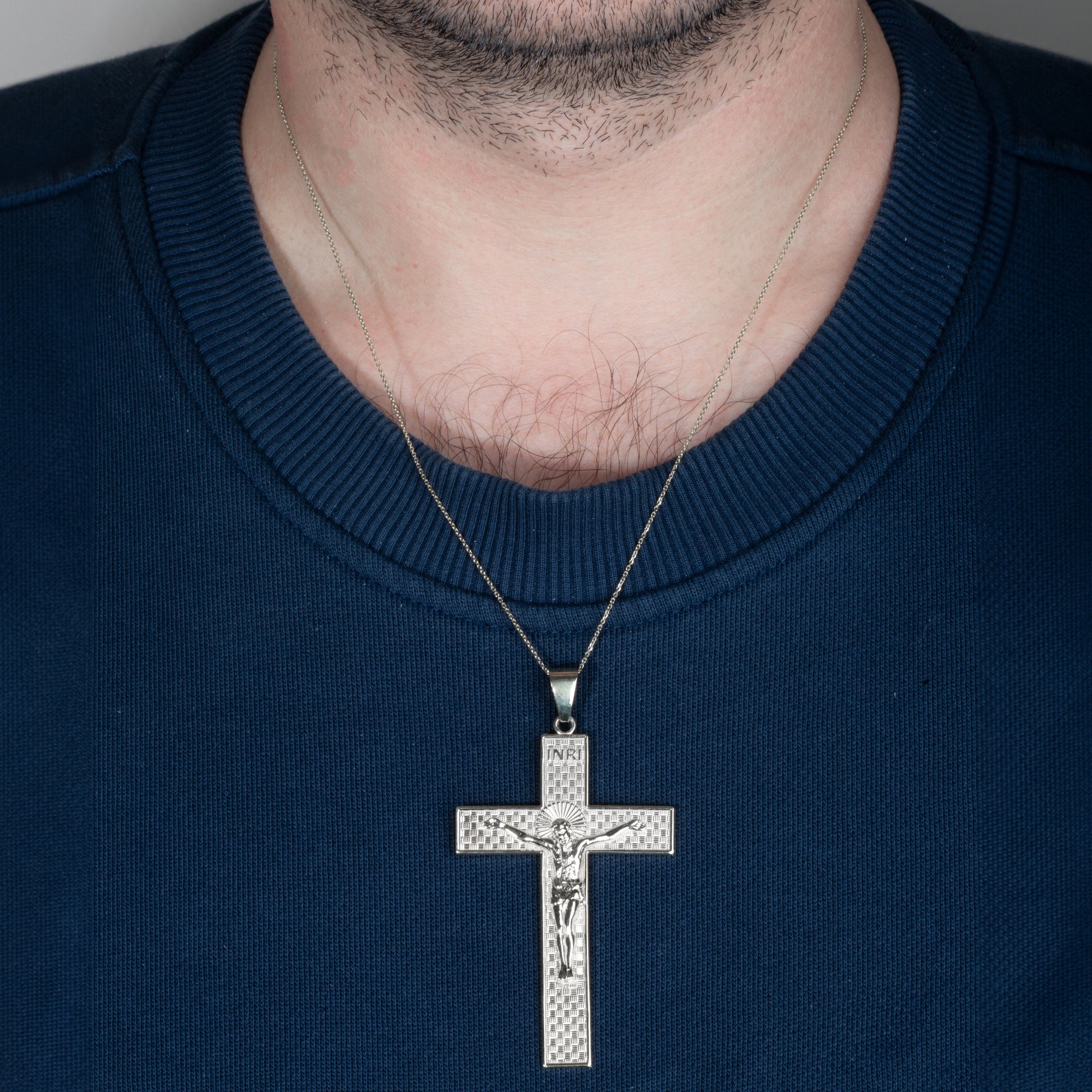 Sterling Silver INRI Checkered Cross Crucifix Jesus Christ Pendant Necklace, view 2